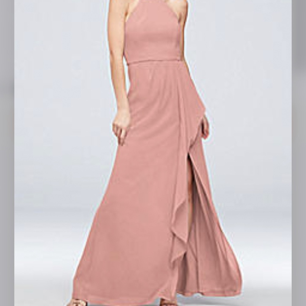 David’s Bridal high neck chiffon bridesmaid dress with cascade! Color is Petal